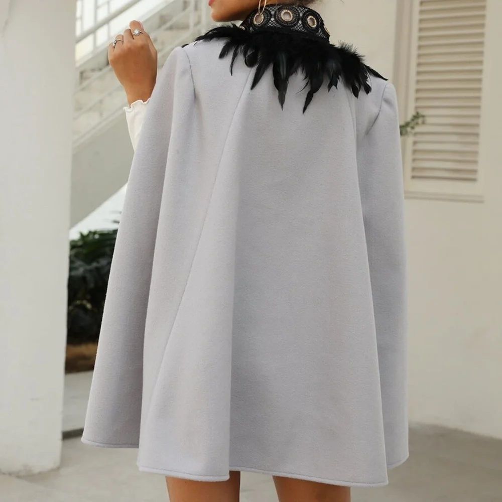 Classic Grey Open Front Feather Trim Cape Jacket - Picture 2 of 11